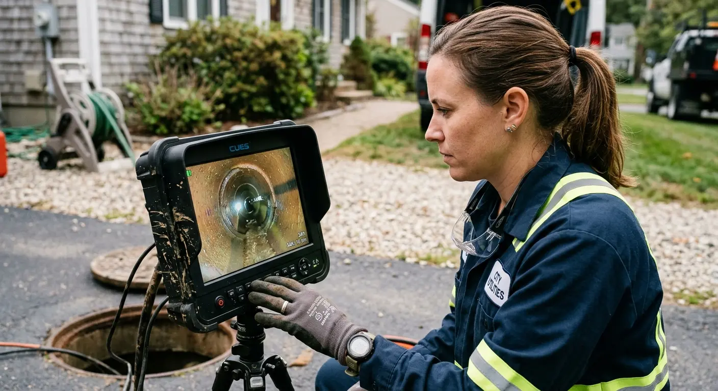 Technician reviewing sewer camera inspection footage in Deerfield