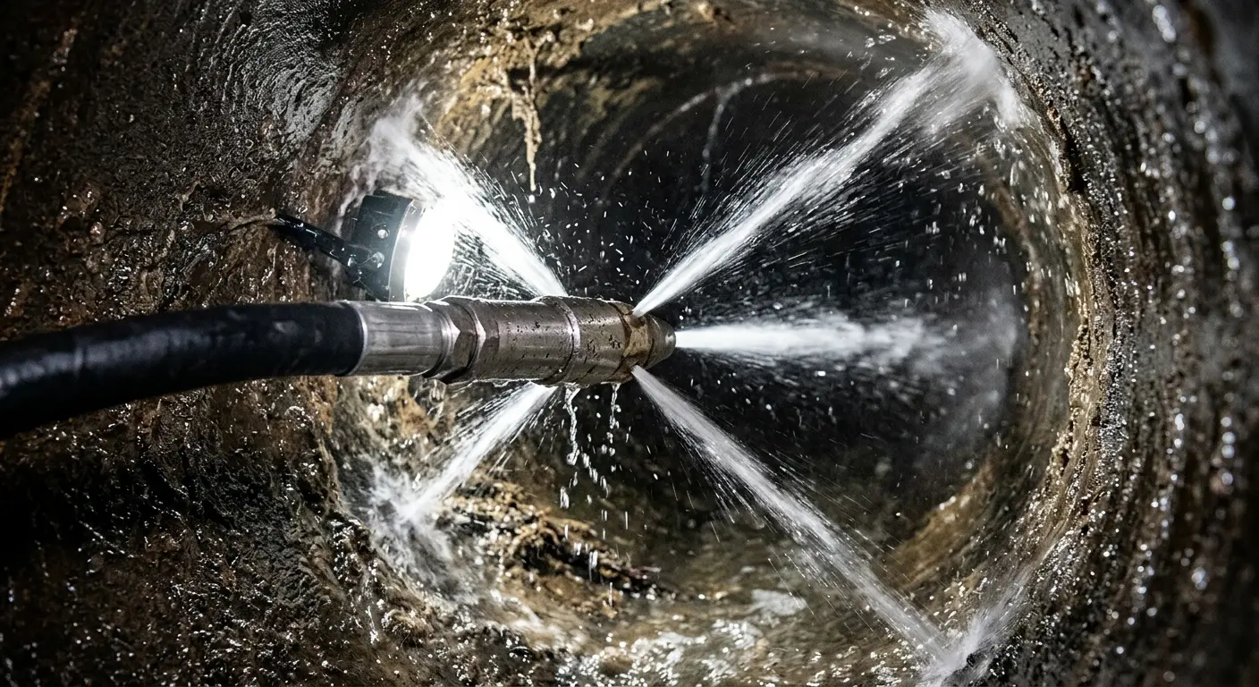 High-pressure hydro jetting nozzle cleaning sewer pipe for Sewer Cleanout in Deerfield