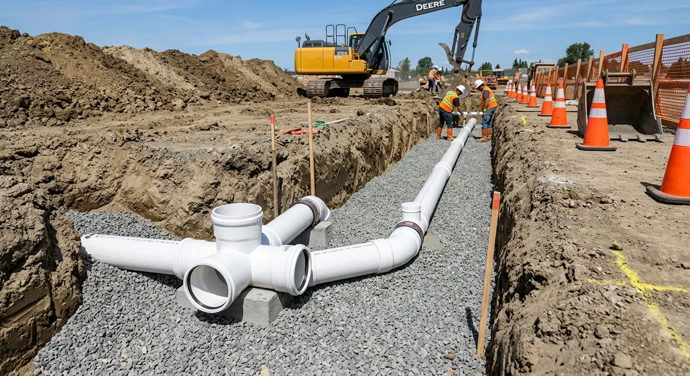 New PVC sewer pipe installation in open trench for Commercial Drain Cleaning in Deerfield