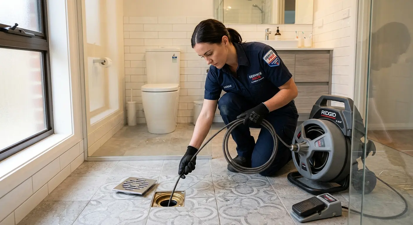 Technician clearing a bathroom floor drain for Drain Cleaning in Deerfield